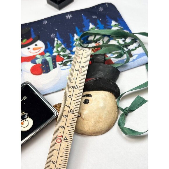 Snowman-Themed Holiday Gift Set W/ Earrings Wooden Ornament & Festive Pouch - Picture 3 of 4